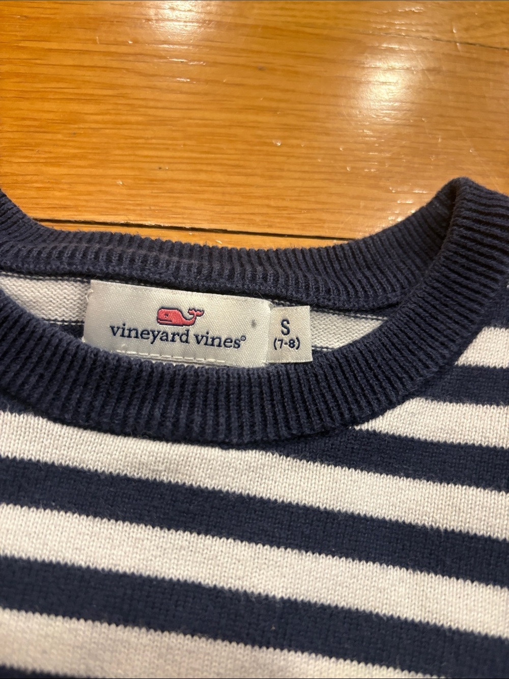 Vineyard Vines Navy and White Striped Crewneck with Pink Elbow Patches - Picture 2 of 2